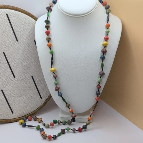 Colorful Ugandan Beaded 40" Necklace with Vibrant Eclectic Look - Picture 3 of 5